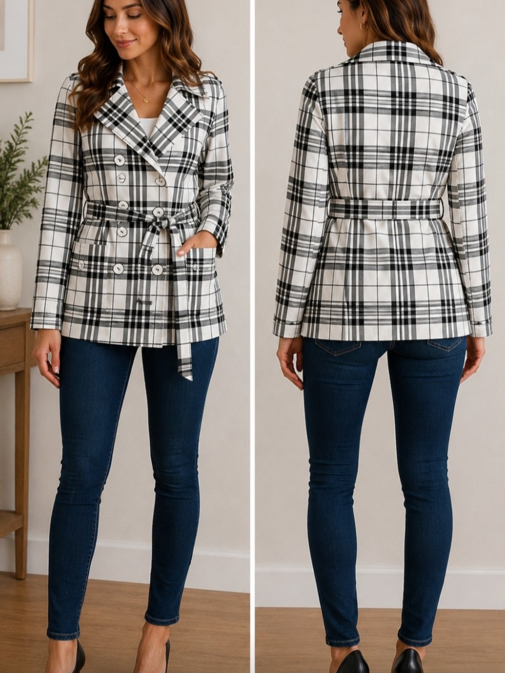 dressbarn Black and White Plaid Double-Breasted Belted Blazer